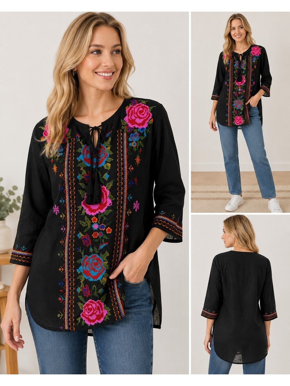 Raj Women’s M Black Embroidered Floral Tunic Top Boho Tassel Tie NWT